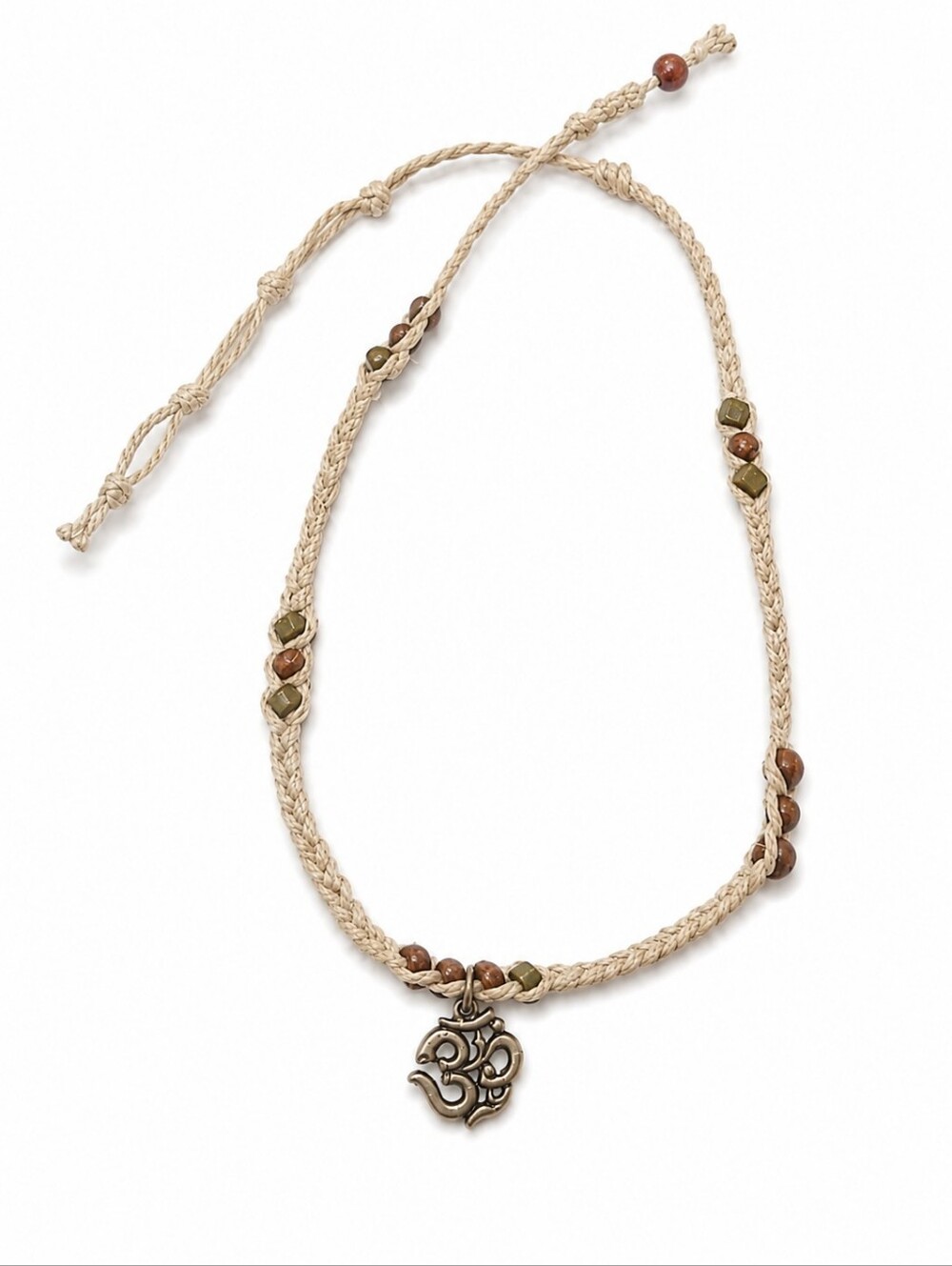 Vintage 1990s Handmade Hemp Om Necklace Boho Hippie Adjustable Beaded